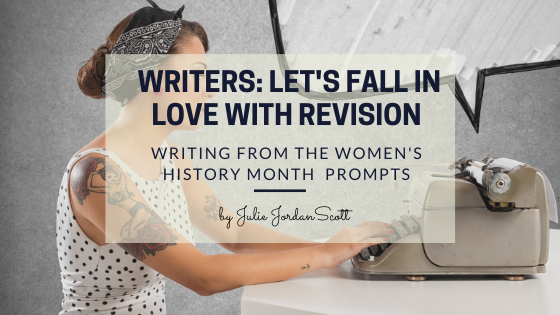 Writer sitting at a typewriter revising her writing. 