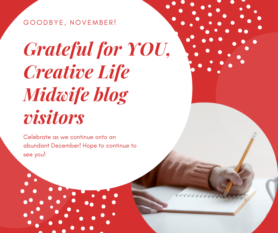 Gratitude to the Blog Visitors: woman writing ina notebook and circles of gratitude in this holiday flavored image