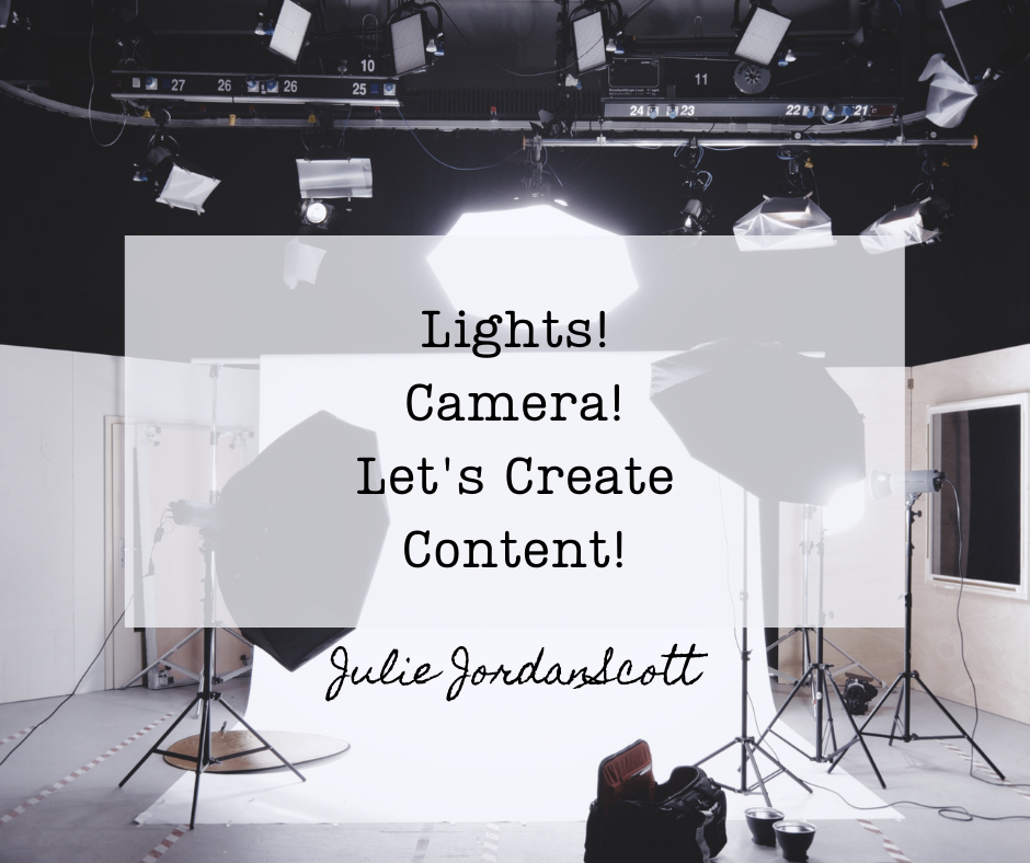 A video or film set: livestreaming isn't this fancy and it has the same energy. The text says Light, Camera. Create Content!