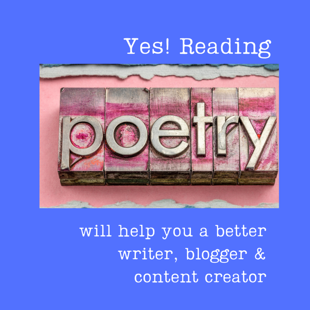 A block letter of "POETRY" in pink, blue and lavendar encourages writers in all genre to read poetry with great love and enjoyment.