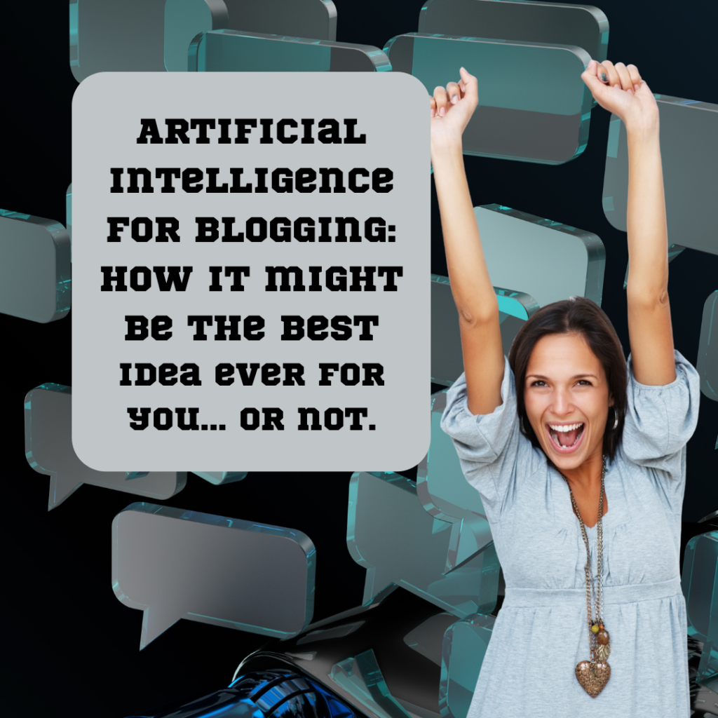 A woman cheering surrounded by chat boxes to illustrate her excitement to use ChatGPT for her blogging needs
