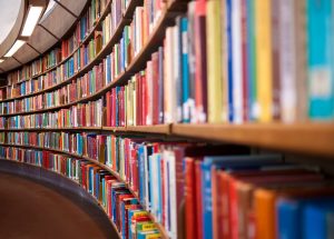 Stacks of books on a curved shelf from the library