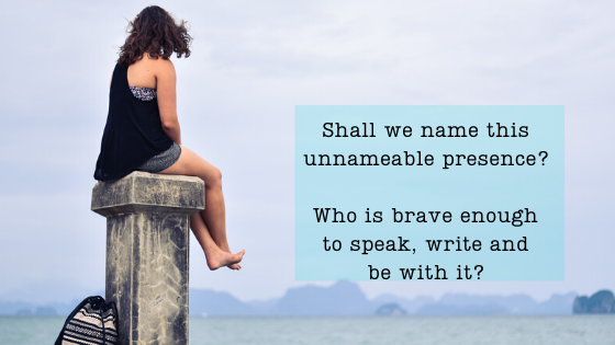 Woman sitting on a high pole, contemplating the ocean in front of her. Questions: Shall we name this unnameable presence? Who is brave enough to speak, write and be with it?