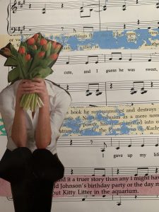 In a mixed media collage, a woman is holding a bouquet of tulips covering her face. She is atop a copy of a musical score and painted light blue textbook paper. 