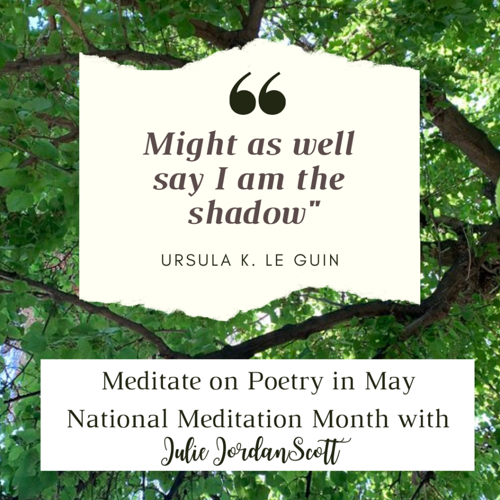 The poem "Leaves" by Ursula K. Le Guin shares this line, "Might as well say I am the shadow," which I used to center my meditative practice yesterday. The tree is the mulberry in my front yard, where I livestreamed on Instagram Live and Periscope.