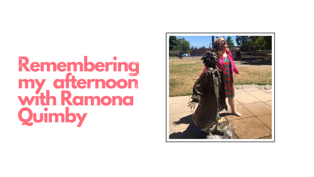 Julie JordanScott standing with the sculpture of Ramona Quimby, beloved character created by Beverly Cleary who lived near Grant Park in Portland when she was a child. 