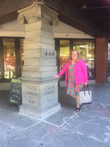 Julie JordanScott with a book sculpture outside Portland's Powell Books, a local and national treasure.
