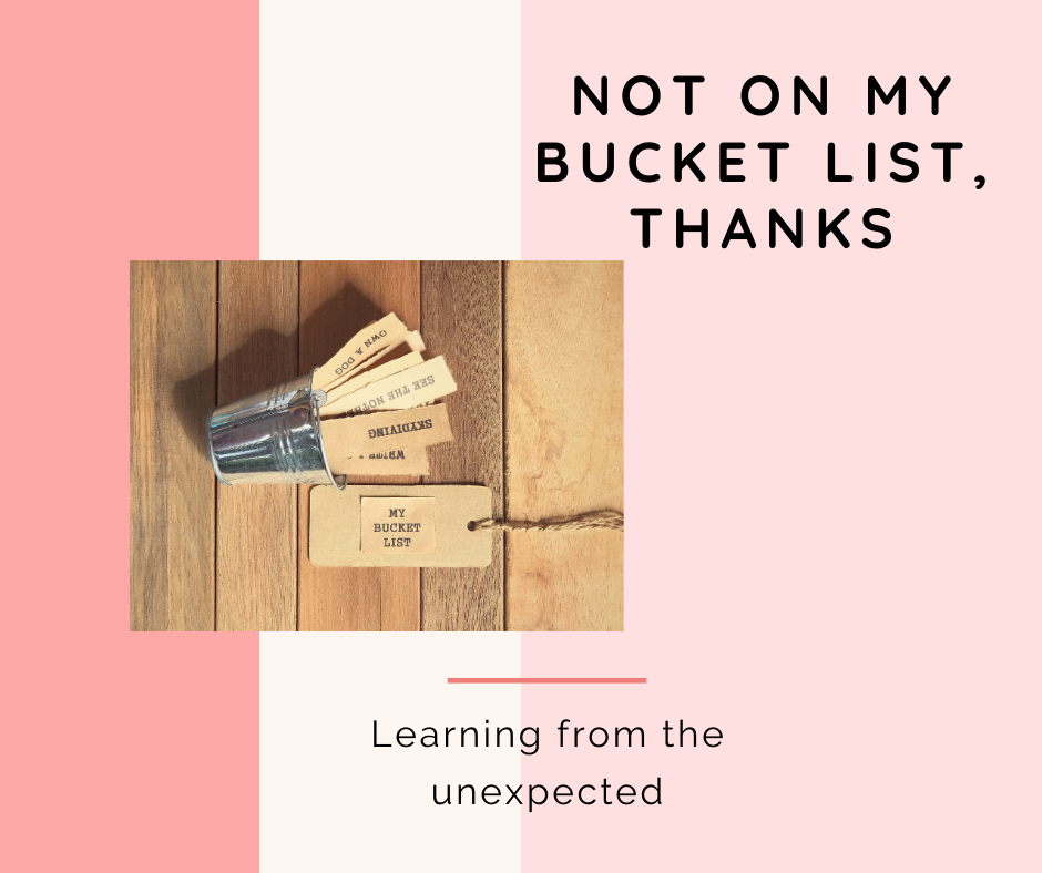 A bucket list on its side asks the question, "What to think about things that aren't on my bucket list?" and yet they may be significant growth experiences.