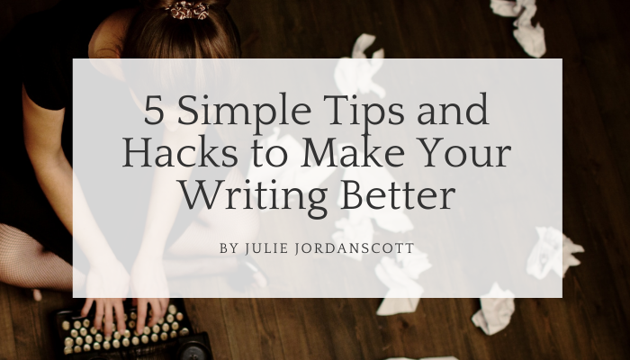 Woman on the floor, writing, papers thrown about showing she is not pleased with her writing. These hacks and writing tips will help her writing improve.