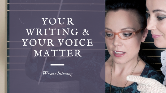 Your writing and your voice matter: We're listening. Two women engage in conversation. The background is a musical one, so they must be speaking creatively.