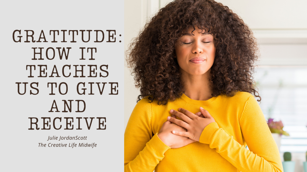 Woman meditating upon her gratitude, learning how to give and receive.